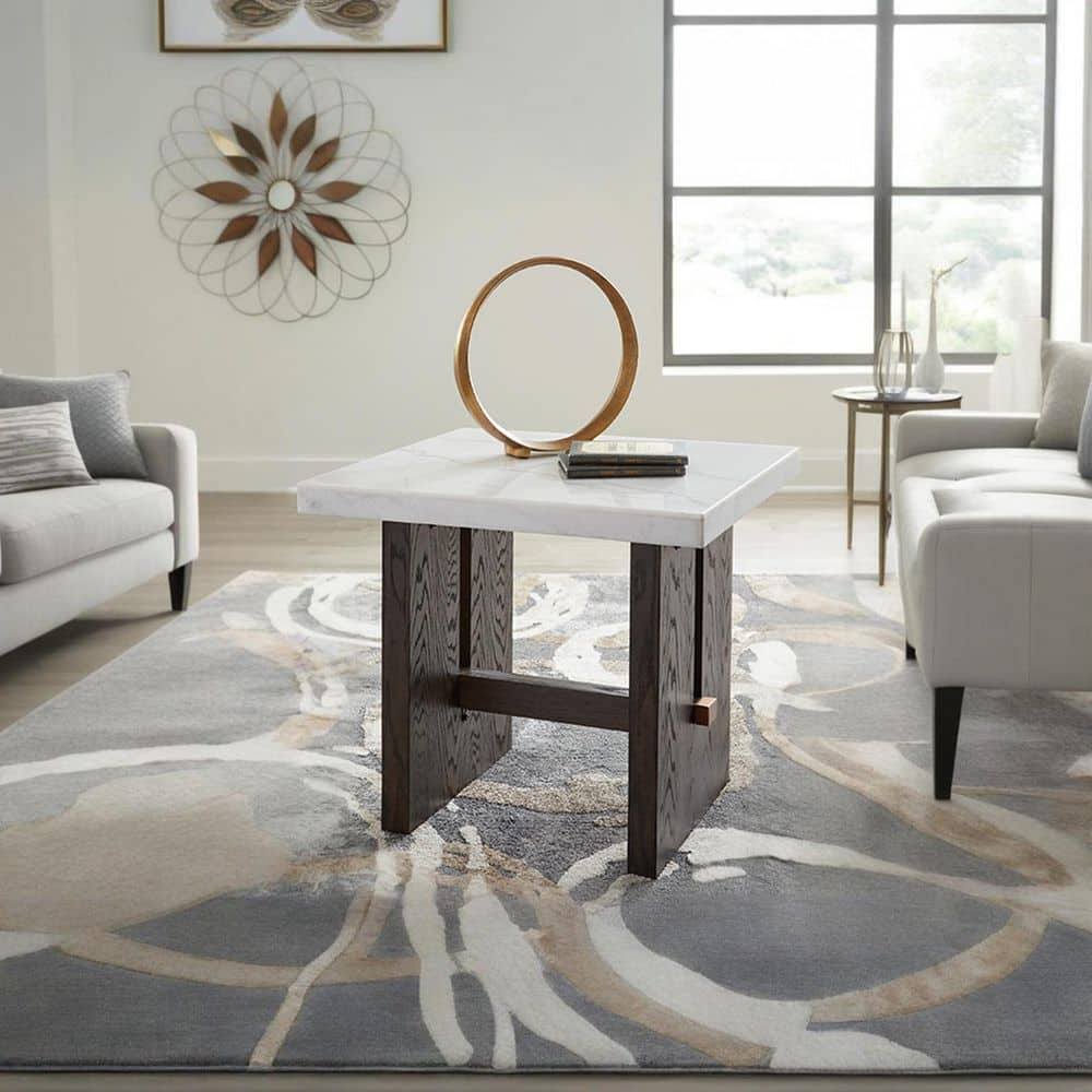Burkhaus 26 in. White / Dark Brown Rectangle Marble End Table with Trestle Base - thumbnail 5