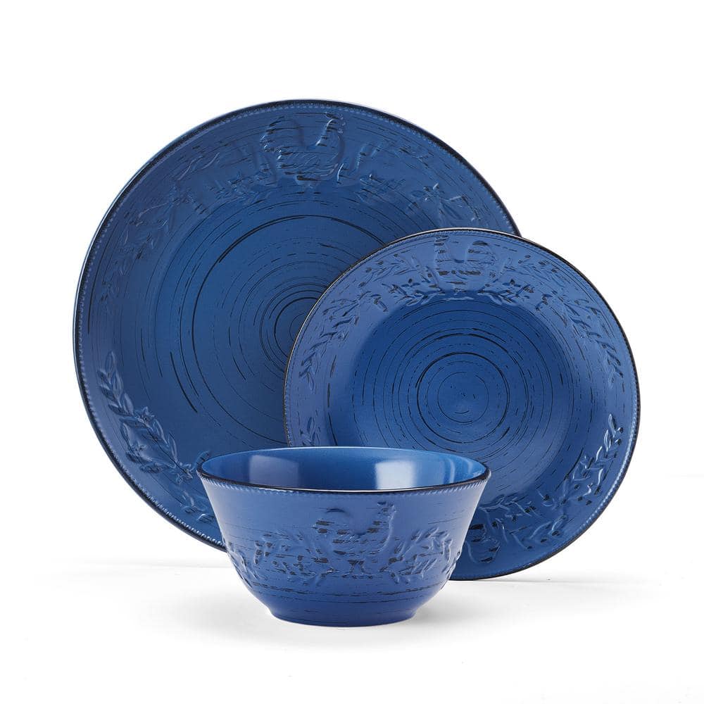 Trellis Blue Ceramic Rooster 12-Piece Dinnerware Set