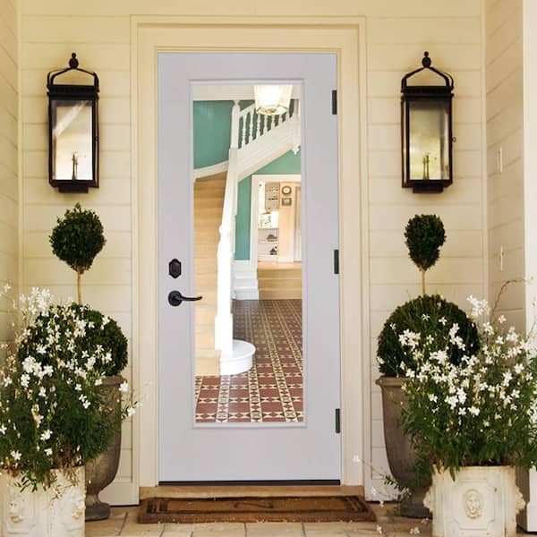 Legacy 28 in. x 80 in. Left-Hand/Outswing Full Lite Clear Glass White Primed Fiberglass Prehung Front Door w/4 in. Jamb
