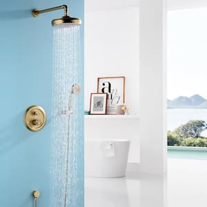 Double-Handle 2-Spray Patterns Shower Faucet 1.8 GPM with High Pressure Hand Shower in Brushed Gold