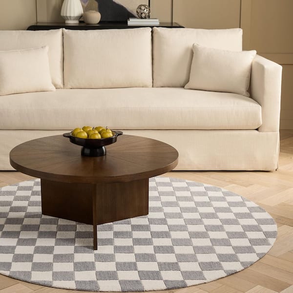 Martha Stewart 6 ft. x 6 ft. Gray/Ivory Check Round Rug
