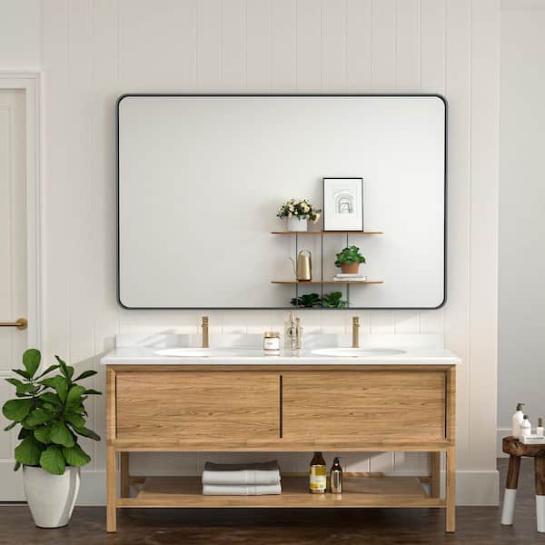 55 in. W x 36 in. H Modern Rectangular Aluminum Framed Wall Bathroom Vanity Mirror in Black Bathroom Mirrors