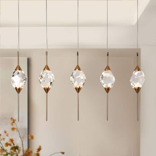 Lucivagus 5-Light Dimmable Integrated LED Plating Brass Crystal Chandelier for Kitchen Island