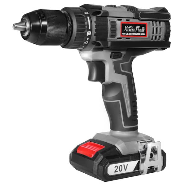 XtremepowerUS 20-Volt MAX Cordless 1/2 in. Chuck Brushed Electric Drill 2000 mAh 400 in./lbs. Torque Setting w/ Carrying Bag, Charger