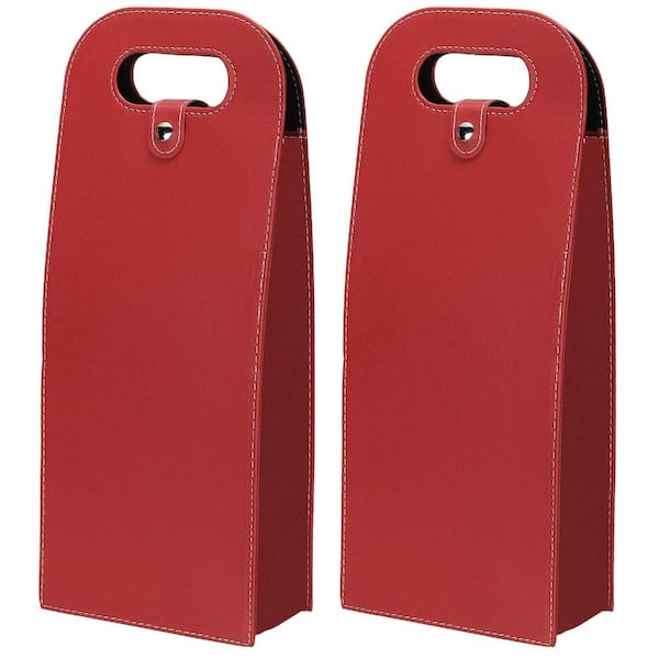 2-Pack Red PU Leather 2-Bottle Wine Tote Carrier Bag with Metal Buckle Closure for Gifts and Travel