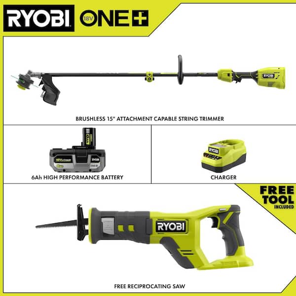 ONE+ HP 18V Brushless 15" Attachment Capable String Trimmer w/ 6.0 Ah Battery, Charger, & FREE ONE+ Reciprocating Saw