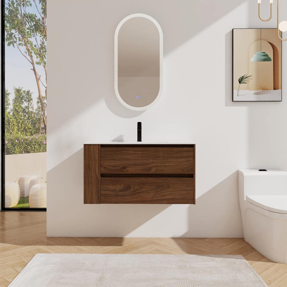 36 in. W x 18 in. D x 20 in. H Wall Mounted Bath Vanity in Brown Oak with W