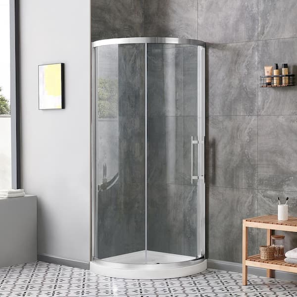 OVE Decors Breeze Pro 34 in. L x 34 in. W x 72.83 in. H Corner Shower Kit with Sliding Framed Door in Satin Nickel and Shower Pan