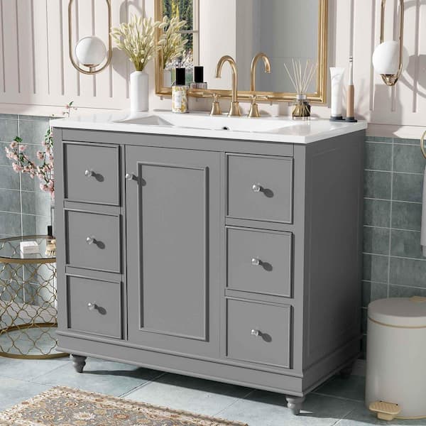 36 in. W Single Sink Freestanding Bath Vanity in Gray with White Ceramic Top, 4-Drawers and Adjustable Shelves