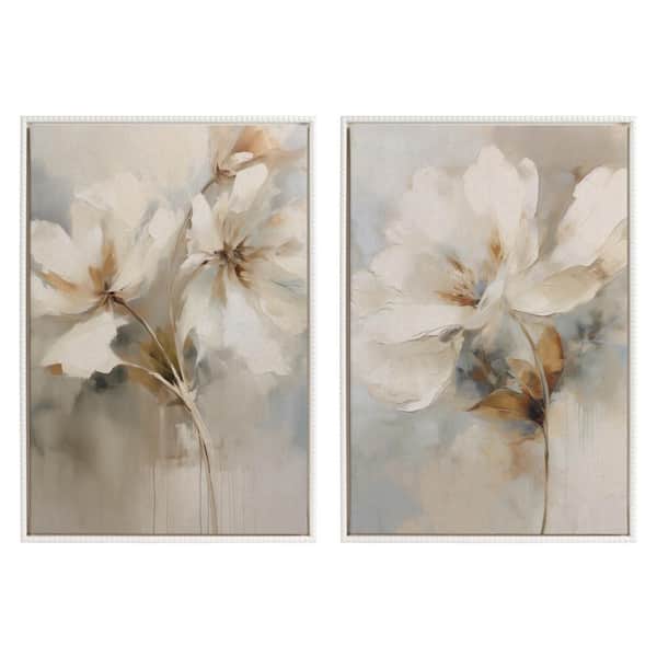 Sylvie Floral Linen Framed Canvas Wall Art Set 2-Piece White 23.00 in. x 33.00 in.