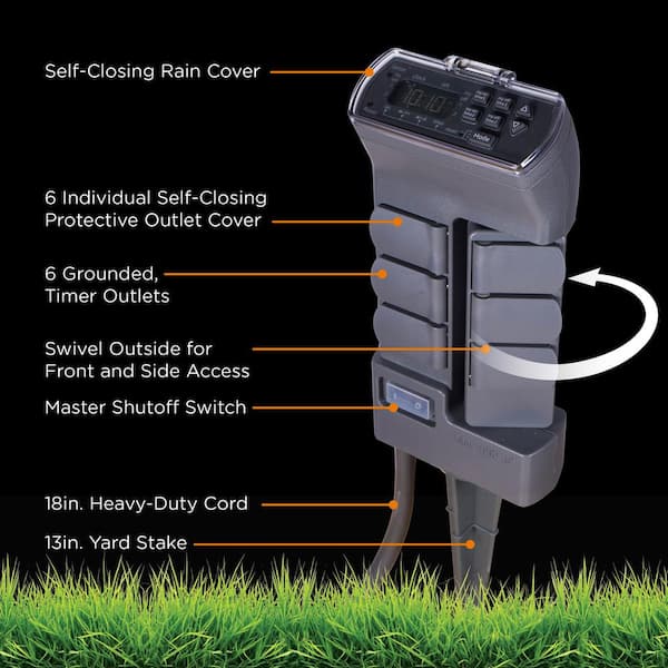 SPC1236AT/27 Weather Resistant Plug-in 6-Hour Countdown Seasonal/Landscape Lighting Philips Rotatable Digital Yard Stake Timer 6 Grounded Outlets Custom ON/OFF Times Light Sensor