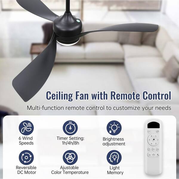 FOBLKS 52-Inch Indoor/Outdoor Black Ceiling Fan – 3 Wood Blades, Quiet DC Motor, Remote Control, Reversible & Energy-Efficient