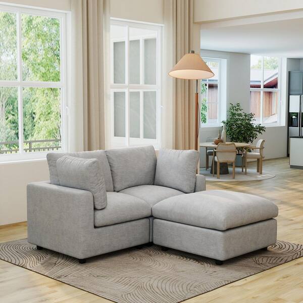 Magic Home Sofa Covers Washable, Lawson 67 in. Square Arm Chenille L-Shaped Sofa with Ottoman, Deep Seater Furniture Set in Gray MH-L2+1-142LG-S