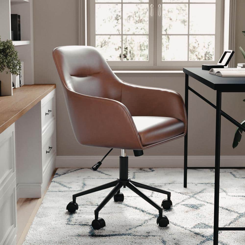 Saddle Brown Faux Leather Swivel Office Chair with Oil Rubbed Bronze Frame