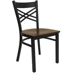 Hercules Series Black X Back Metal Restaurant Chair with Mahogany Wood Seat