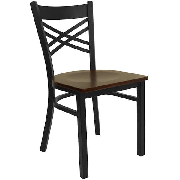 Flash Furniture Hercules Series Black X Back Metal Restaurant Chair with Mahogany Wood Seat