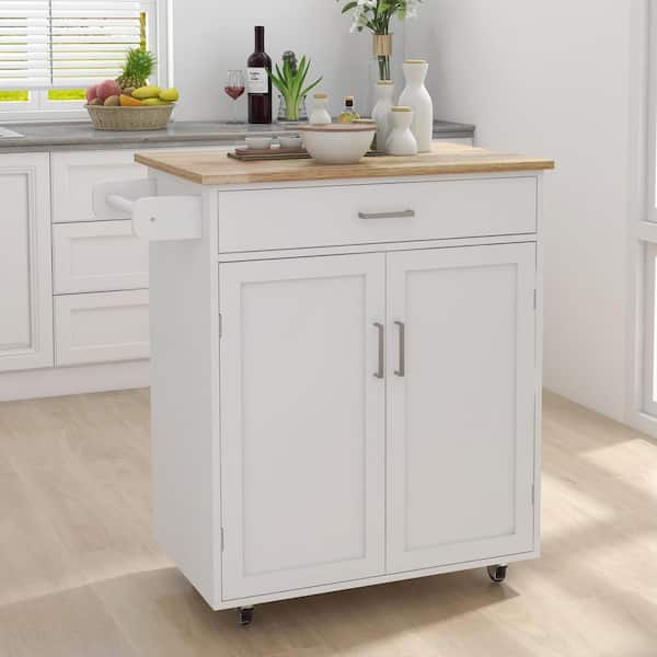 Tileon White Kitchen Island Rolling Cart with Towel Rack Rubber Wood Table Top, Kitchen Trolley with Breakfast Bar
