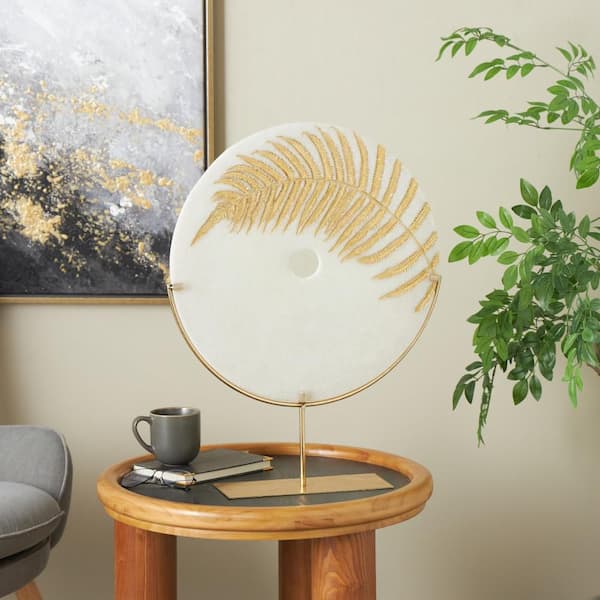 White 20 in. x 25 in. Polystone Round Disk Leaf Sculpture with Center Cutout and Gold Base