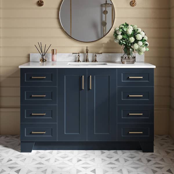 ARIEL Taylor 55 in. W x 22 in. D x 35.25 in. H Freestanding Bath Vanity in Midnight Blue with Carrara White Marble Top