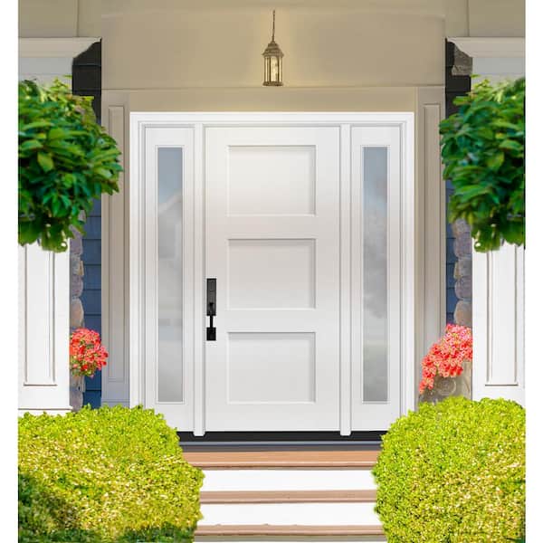 Legacy 68 in. x 80 in. 3P Equal Shaker RHIS Unfinished White Fiberglass Prehung Front Door w/Clear 14 in.SLs 4-9/16 Jamb