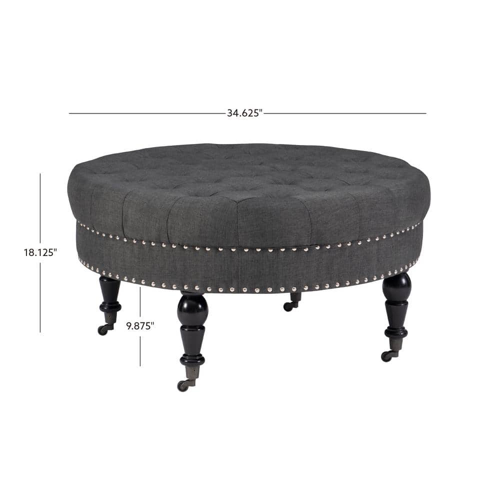 Charcoal Linen Tufted Round Ottoman with Nailhead Trim