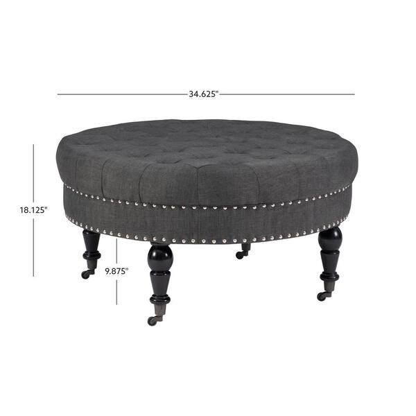 Linon Home Decor Isabelle Gray Polyester Fabric Tufted Round Accent 34.6 in. Ottoman 420057CHA01U The Home Depot