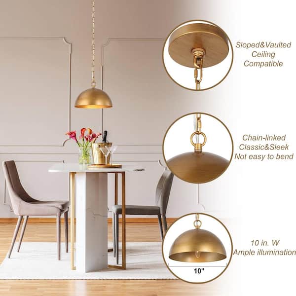 Farmhouse Brushed Gold Bowl Dining Room Pendant Light, 10 in. Modern Industrial 1-Light Dome Kitchen Island Hanging Lamp