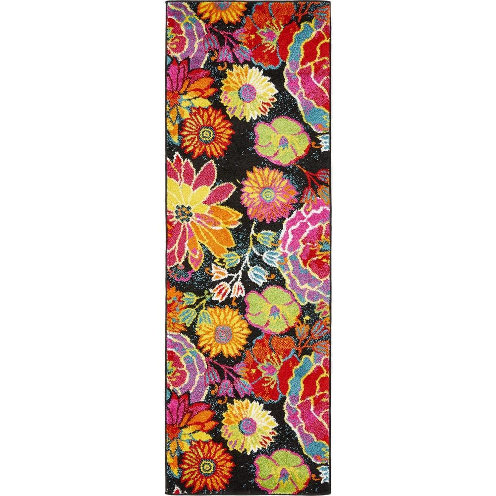 Lyon Kennedy Floral Black and Yellow 2' x 6' Synthetic Runner Rug
