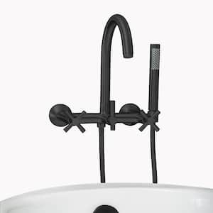 Modern 3-Handle Wall Mount Tub Faucet with Handshower and Hose, Cross Handles, in Matte Black