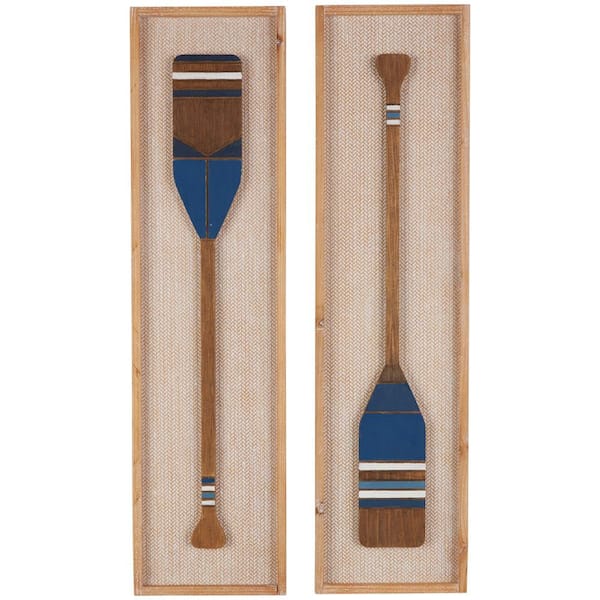 Litton Lane Wood Brown Paddle Wall Art with Blue Accents and Chevron Patterned Background Set of 2