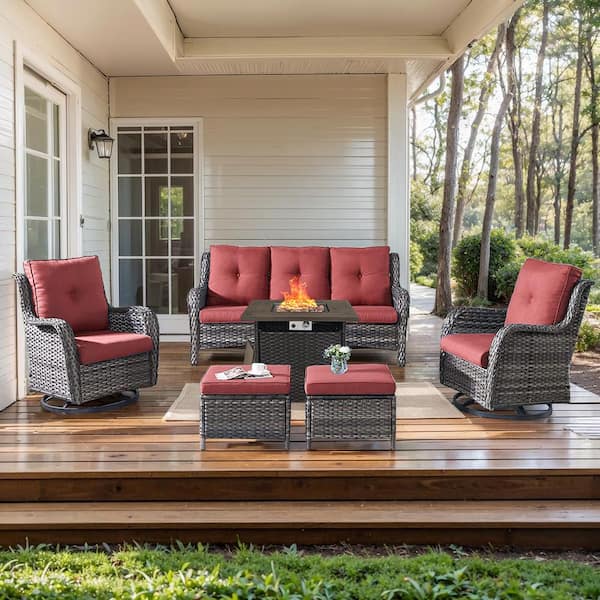 moosprr 6-Piece Gray Wicker Fire Pit Conversation Set with Olefin Red Cushions and Curved Arm Swivel Glider Rocking Chairs
