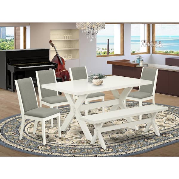 East West Furniture 6-Piece Rectangle Natural Oak Finish Solid Wood Top Dining Table with 1-Bench, 4-Chairs with Lattice Back