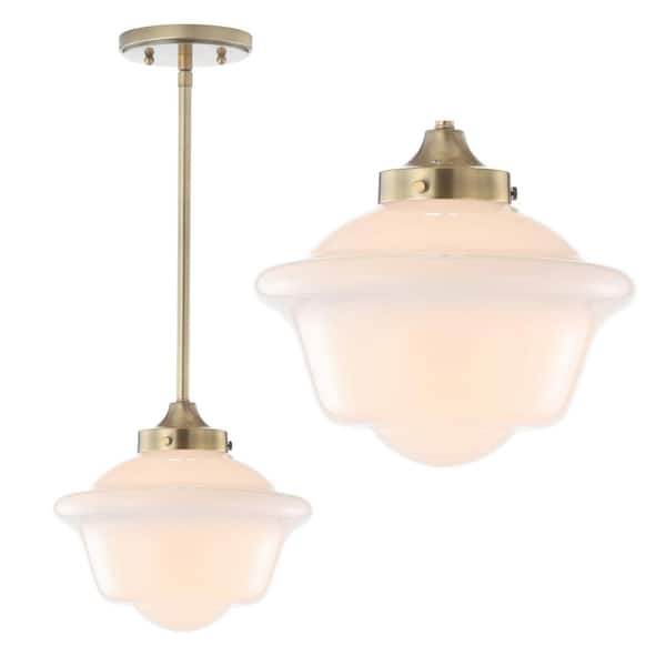 Kurtz 9.5 in. 1-Light Brass Gold/White LED Pendant with Adjustable Drop Metal/Glass