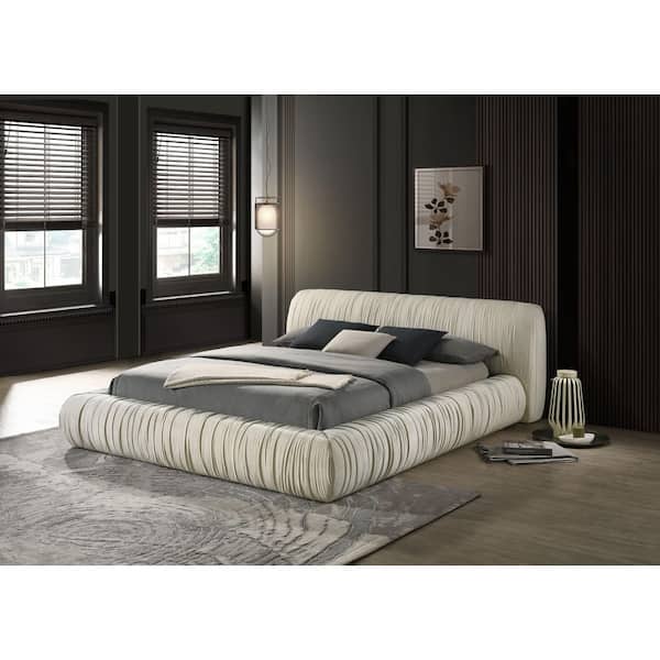 Furniture of America Kira Ivory White Wood Frame King Low Profile Platform Bed With Pleated Upholstery