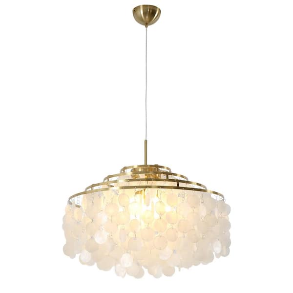 6 Lights Capiz Shell Brass Chandelier with E12 Bulb Base, 23.6 Inch Adjuatable Hanging Lamp