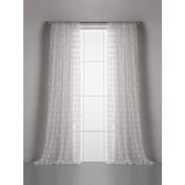 Couture Dreams White Tulle Petal Solid Rod Pocket Room Darkening Curtain 54 in. W x 108 in. L