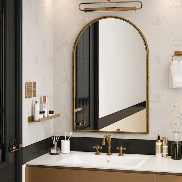 Gold 24.02 in W x 35.83 in. H Art Deco Arch Iron Framed Mirror Wall Mirror Vanity Mirror
