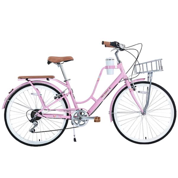 ITOPFOX 26 in. 7 Speed Aluminium Alloy Frame Ladies Bicycle with Coffee Cup Holder in Pink