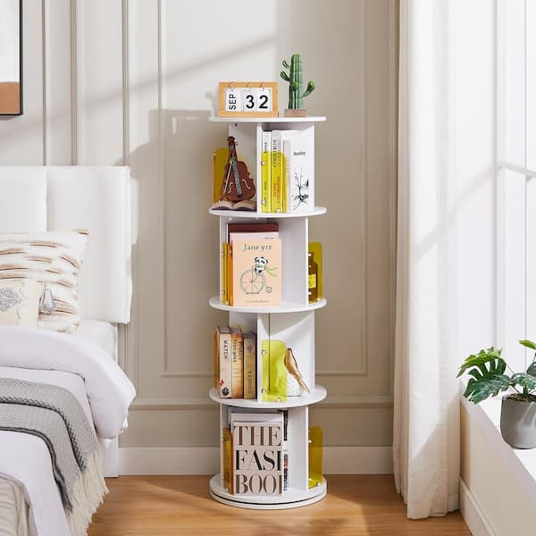 VECELO White 4 Tier Rotating Bookshelf 360 View Display Unique Revolving Storage Rack for Spinning Small Bookcase for Kids