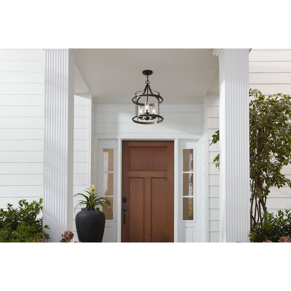 Brenham Matte Black 3-Light Farmhouse Pendant with Seeded Glass
