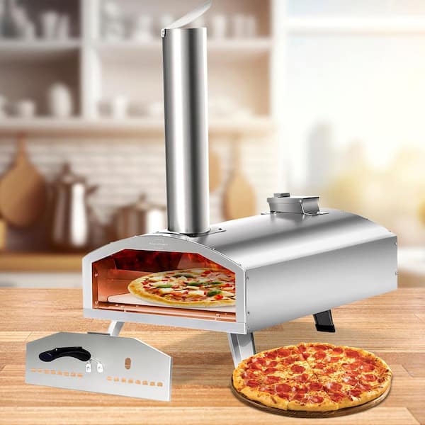 TUYOHW Wood Fired Pizza Ovens Outdoor Pizza Oven 12 in. with Pizza Stone, Silver Stainless Steel Portable Pizza Oven