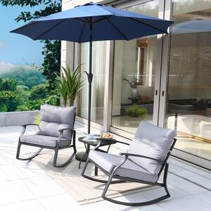 3-Piece Metal Outdoor Bistro Set Patio Rocking Chairs with Gray Cushions and Table