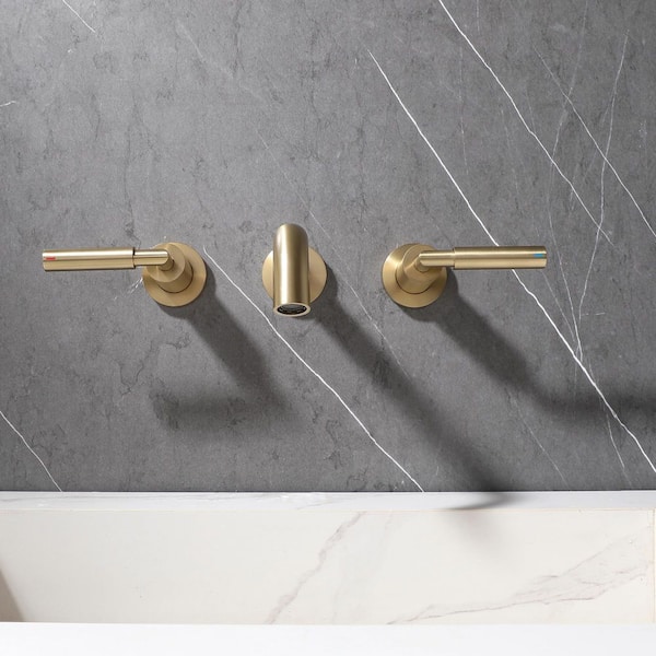 Tomfaucet Double Handle Wall Mounted Bathroom Sink Faucet With Pop-up Drain Assembly in Brushed Gold