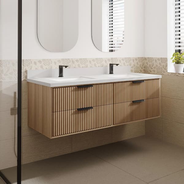 MEDUNJESS VLeaf 55 in. W x 21 in. D x 22 in. H Double Sink Bath Vanity Cabinet in Weather Fir with White Engineered Stone Top