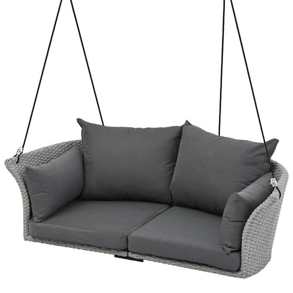 Unbranded 51.9 in. 2-Person Grey Wicker Rattan Outdoor Patio Porch Swing Chair with Ropes and Grey Cushions