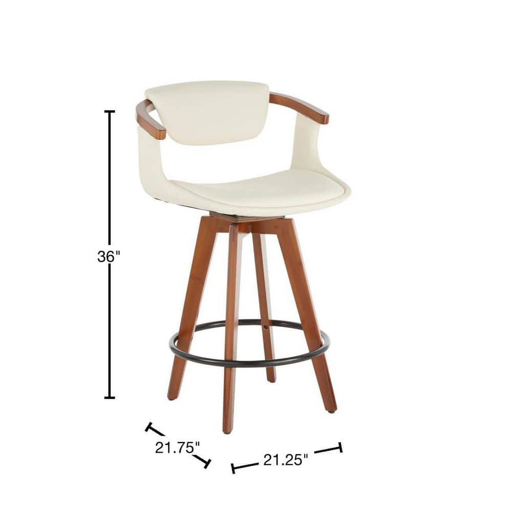 Mid-Century Modern Cream Swivel Counter Stool with Walnut Wood Frame