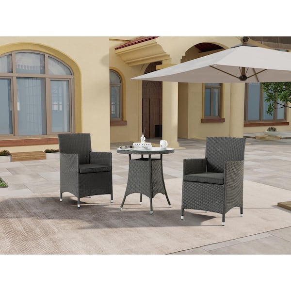 Unbranded 3-Piece All-Weather Wicker Outdoor Dining Table and Chair Set with Grey Cushions, Round Tempered Glass Tabletop
