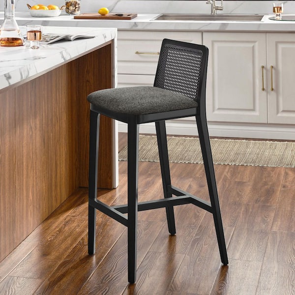 MODWAY Monarch Wood Bar Stool with Cane Rattan Back and Padded Seat in Black Black Gray-Beech Wood Rattan Barstool