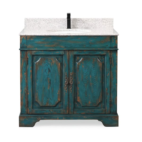 Benton Collection Litchfield 36 in. W x 22. in D x 35. in H Bathroom Vanity in Rustic Emerald Blue with Gray Granite Top