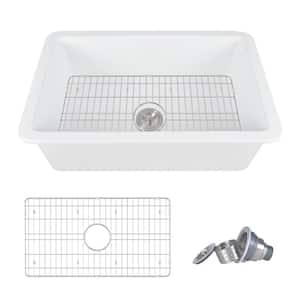 Glen White Rectangular Fireclay 32 in. Single Bowl Undermount/Drop-In Kitchen Sink with Basket Strainer and Sink Grid